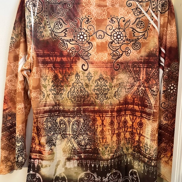 New Directions Orange Brown Graphic Embellished Blouse - Picture 7 of 7